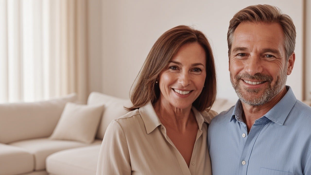 Homeowners smiling in their living room after selling as-is